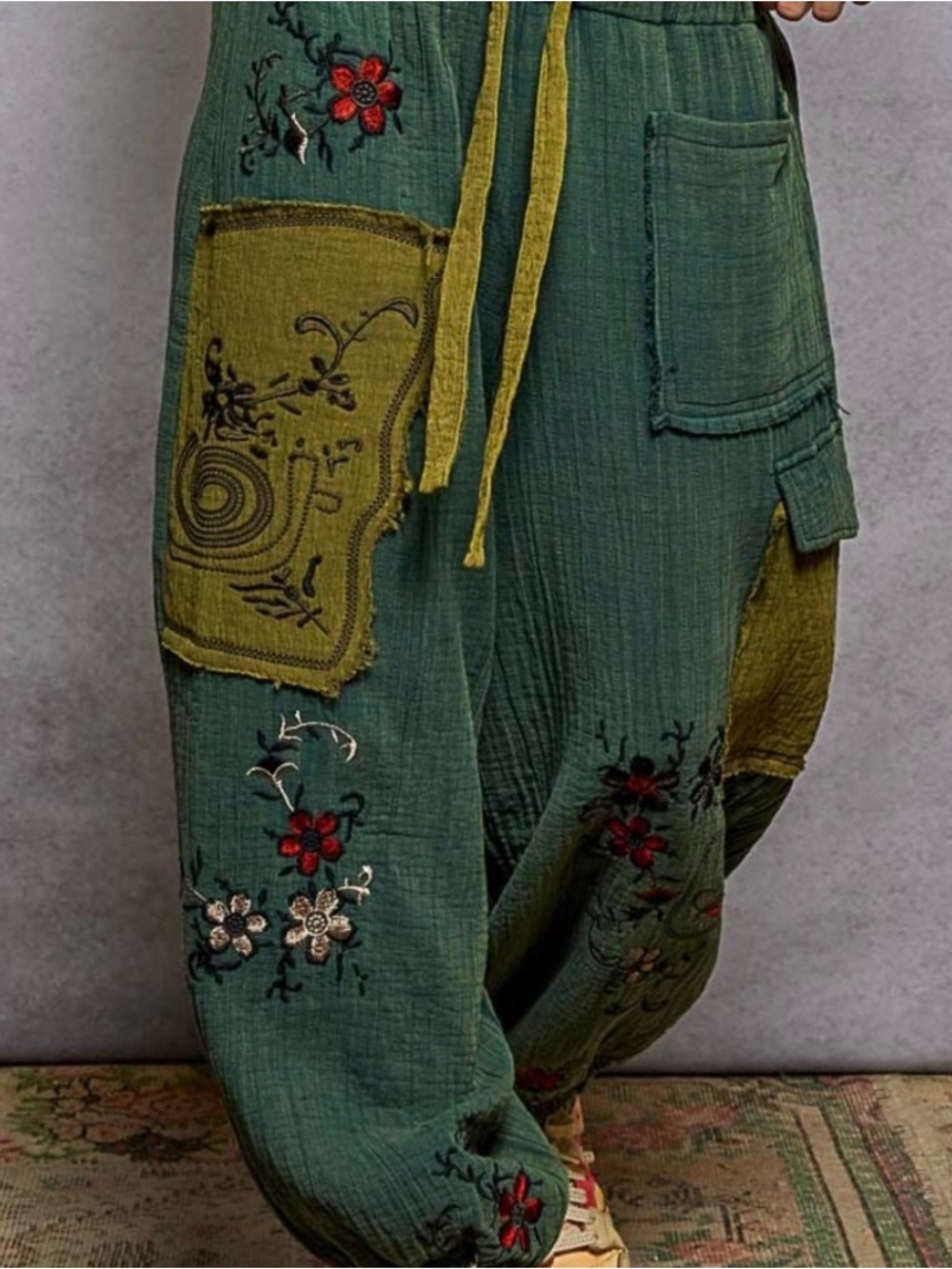POL Green & Olive Embroidered Drop-Crotch Trousers